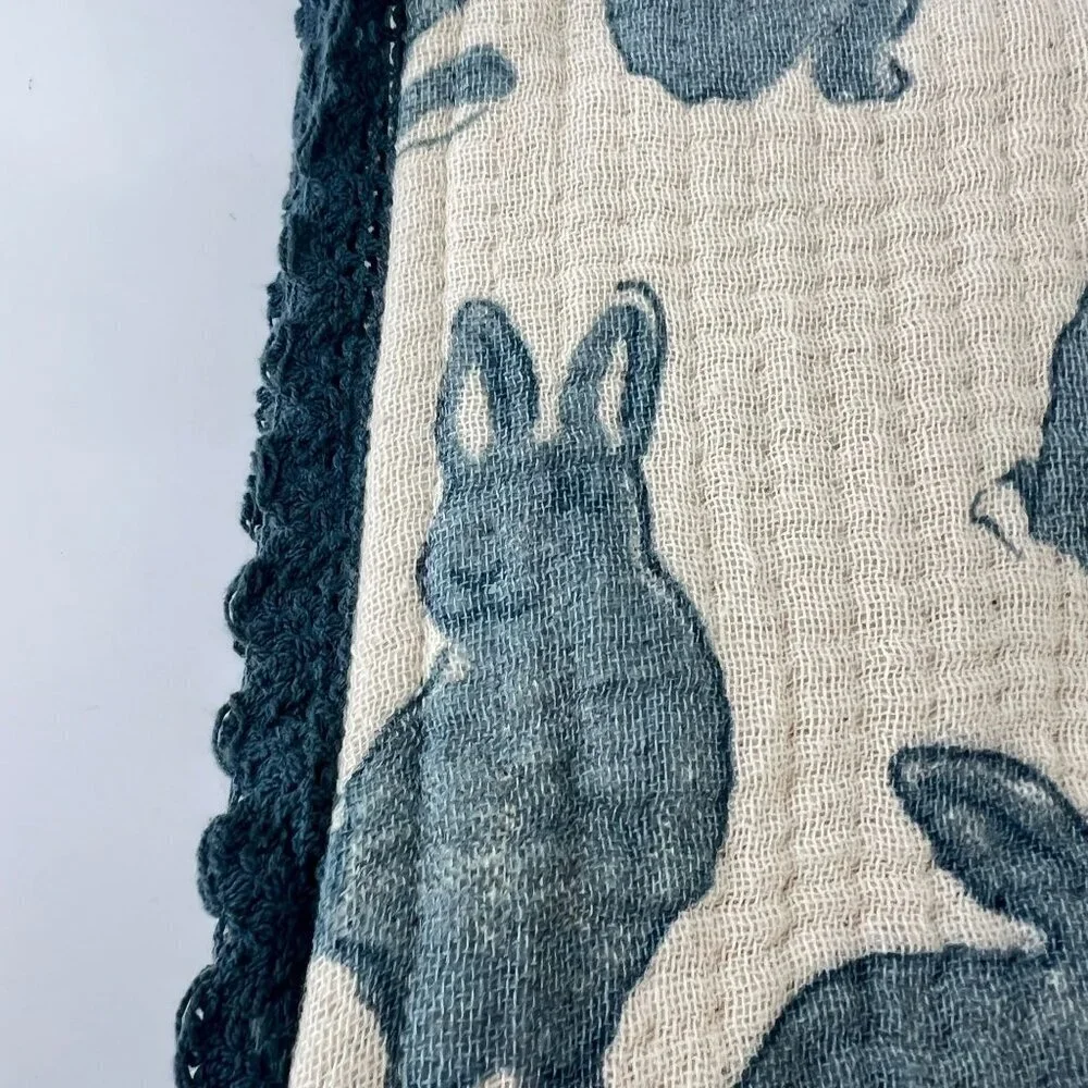 Rachel Ashwell Farmhouse Table Runner With Blue Bunny Print & Lace Trim 16